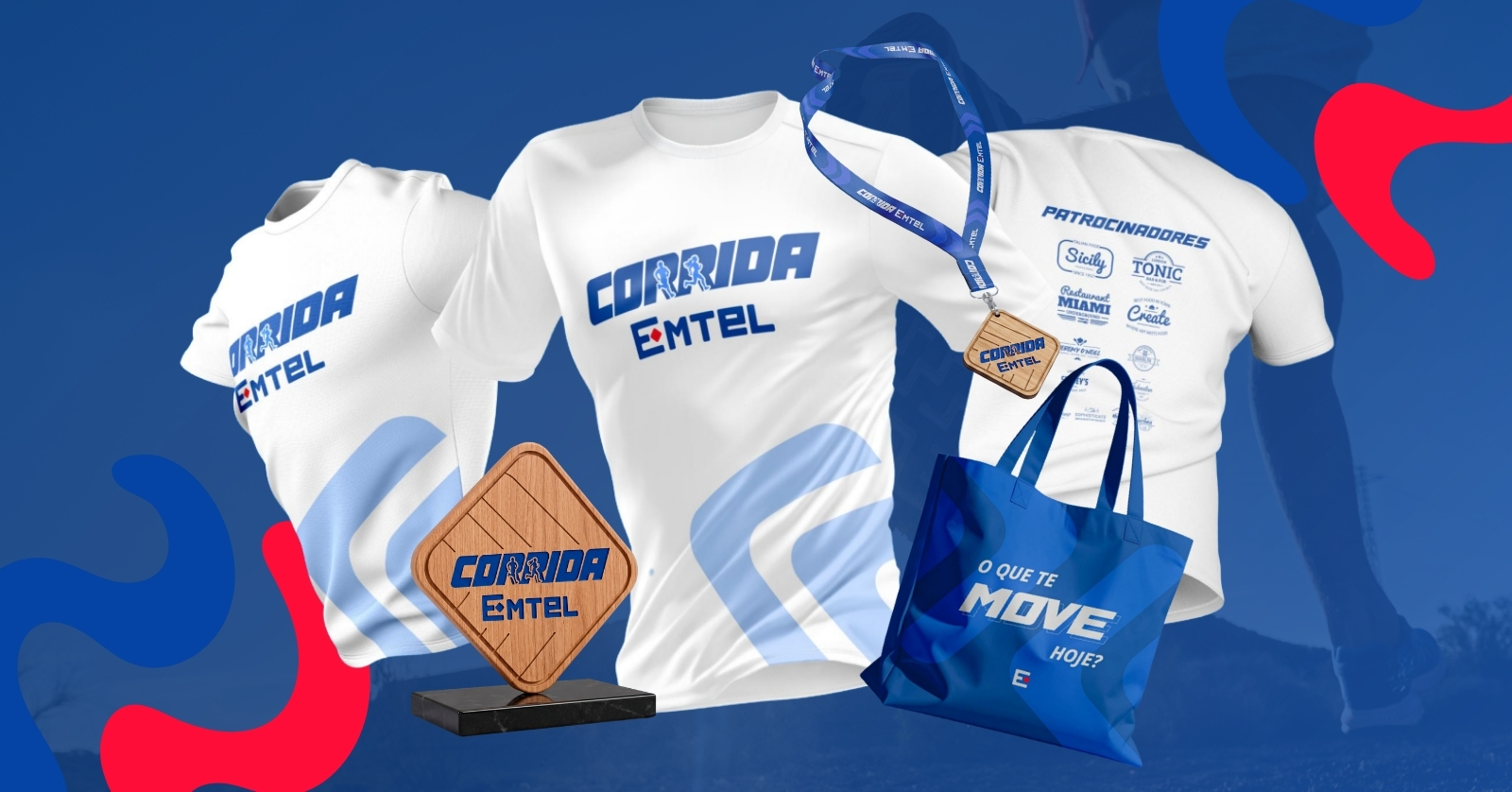 Kit da 1&ordf; Corrida EMTEL com camisetas, medalha, trof&eacute;u e sacola